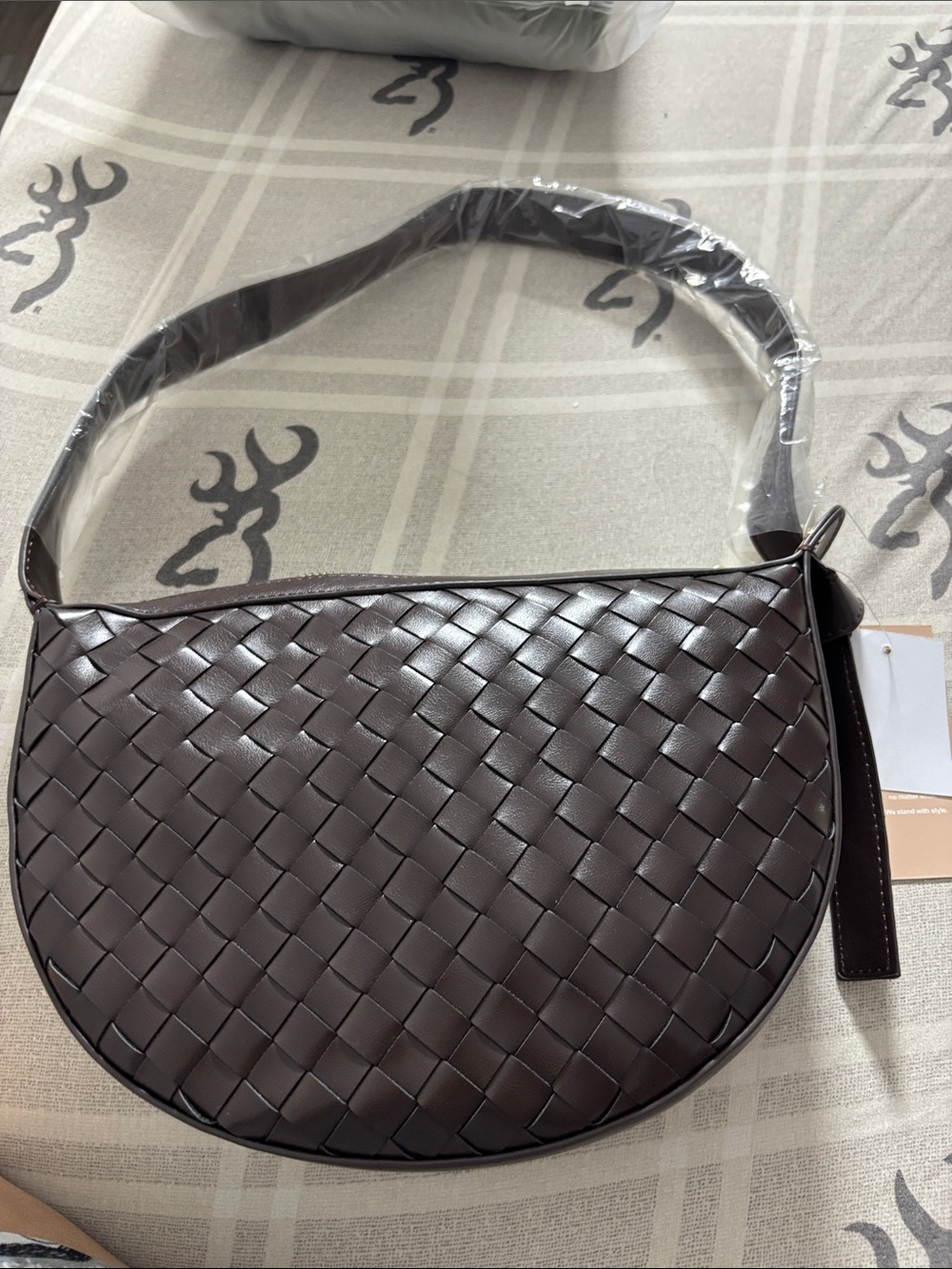 JustFab Woven Half-Moon Shoulder Bag in Chocolate Brown